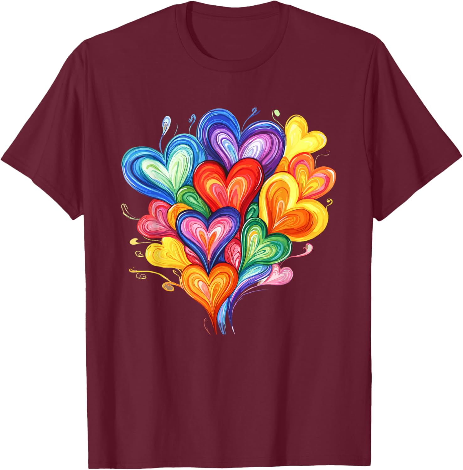 Vibrant Rainbow Heart Bouquet with Colourful Hearts T-Shirt - T-Shirt | Maroon