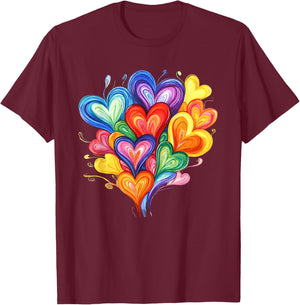 Vibrant Rainbow Heart Bouquet with Colourful Hearts T-Shirt - T-Shirt | Maroon
