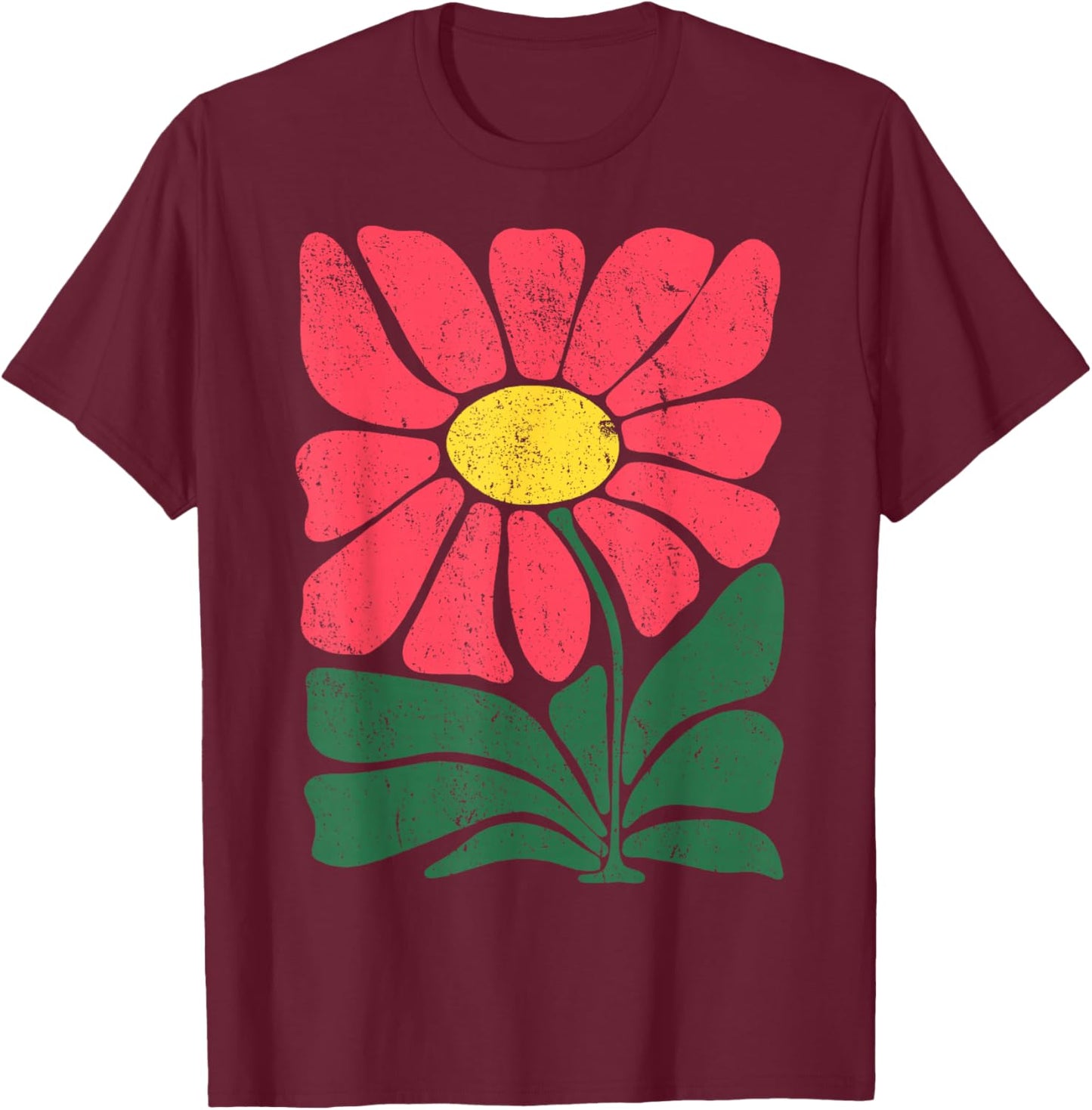 Retro Flower Folk Art - Vintage Botanical Cheerful T-Shirt - T-Shirt | Maroon