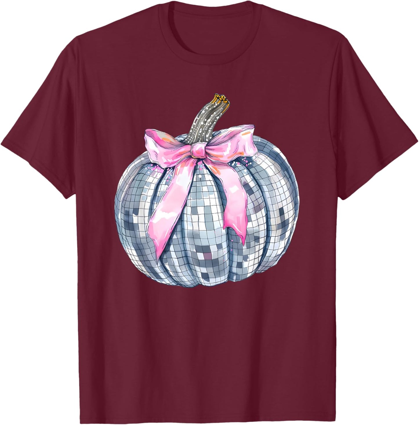 Retro Disco Ball Coquette Pumpkin Halloween Thanksgiving T-Shirt - T-Shirt | Maroon