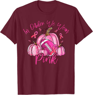 in October We Wear Pink Breast Cancer Pumpkin Football T-Shirt - T-Shirt | Maroon