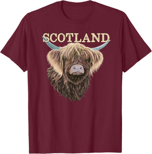 Scottish Highland Cow With Scotland Slogan T-Shirt - T-Shirt | Maroon