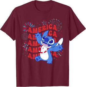 Disney Stitch America Fireworks 4th of July USA 250th T-Shirt - T-Shirt | Maroon