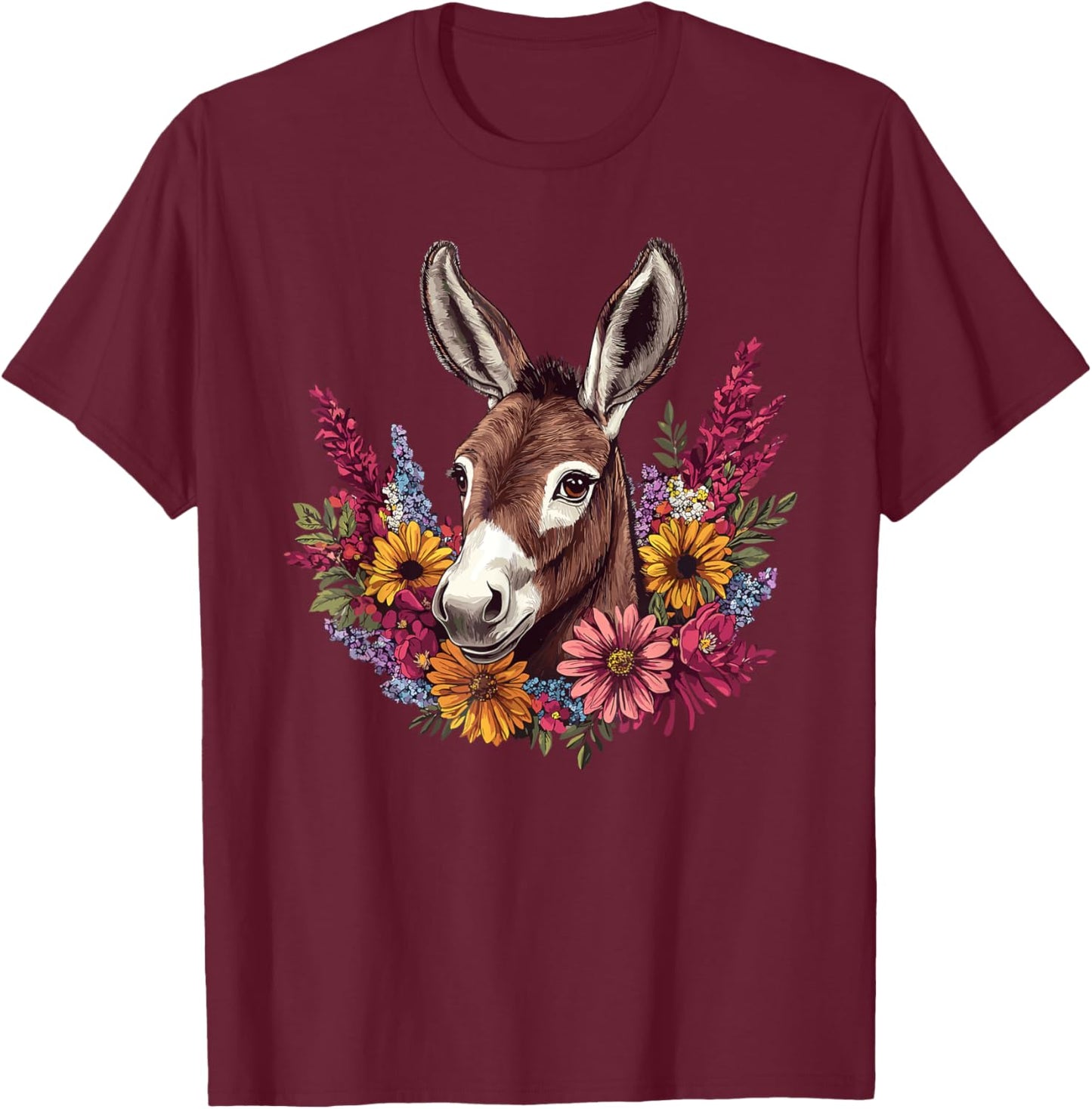 Charming Donkey With Colorful Flowers T-Shirt - T-Shirt | Maroon