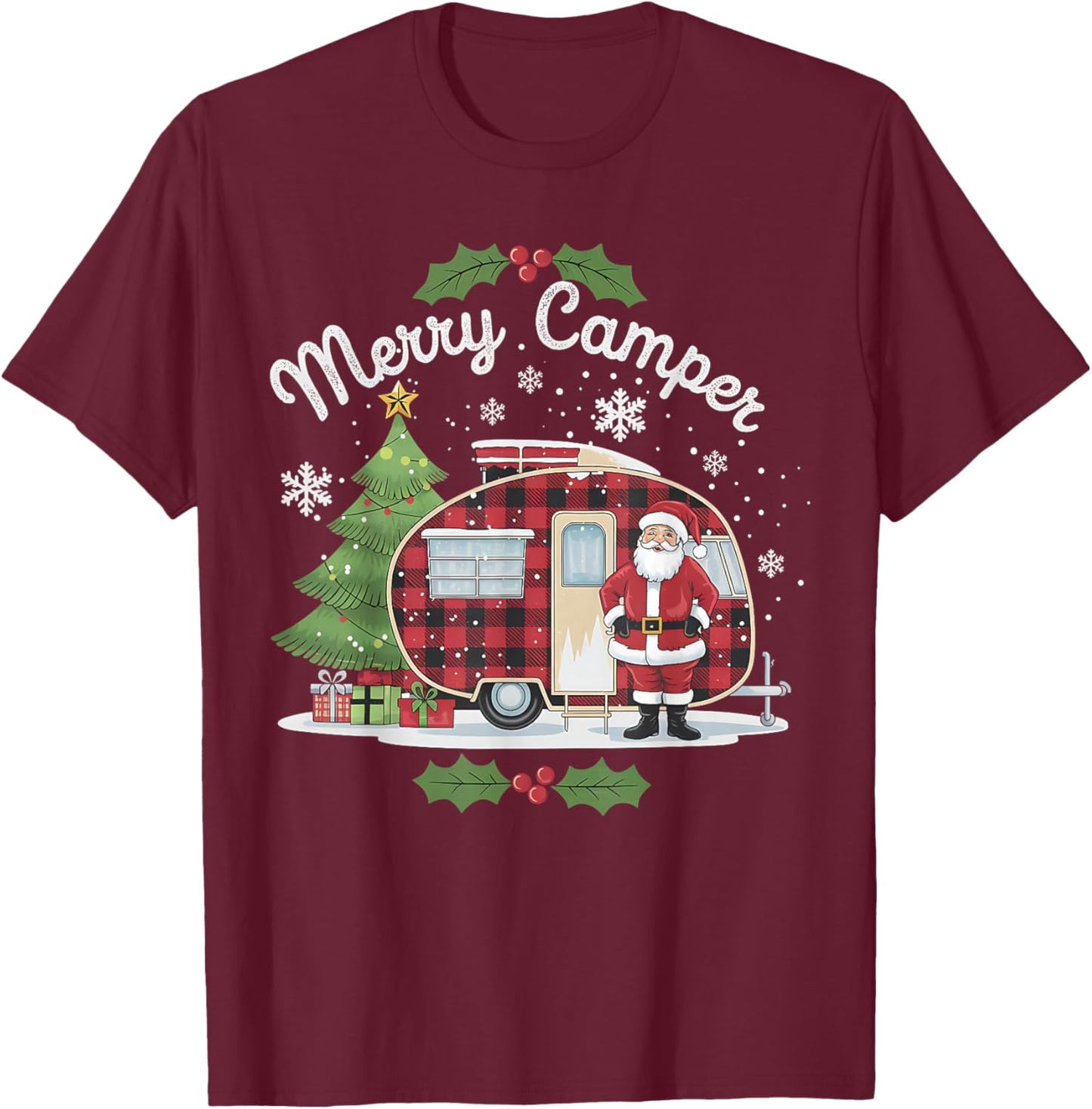 Merry Camper Christmas Santa Camping Truck Family Matching T-Shirt - T-Shirt | Maroon