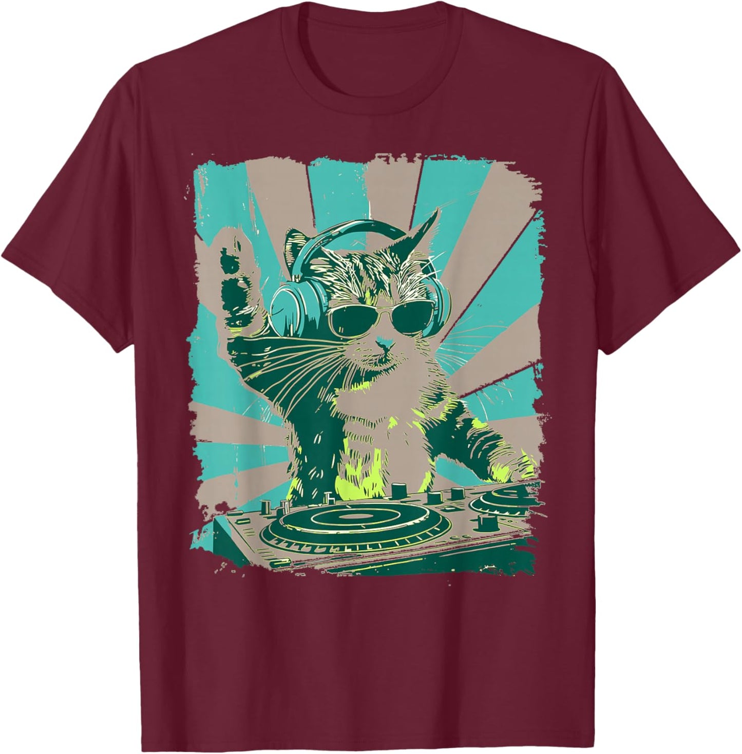 Funny Cat with Headphones & Sunglasses Vintage Art T-Shirt - T-Shirt | Maroon