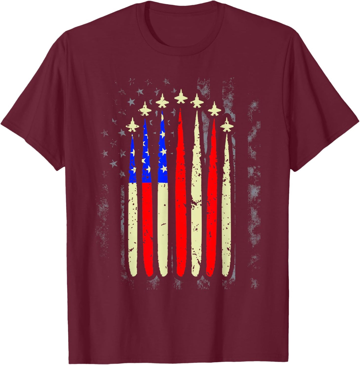 4th of July Jet Fighter American Flag Patriotic Hero Flying T-Shirt - T-Shirt | Maroon