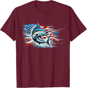 Fishing Marlin Swordfish Fish 4th of July American Flag USA Women Men T-Shirt - T-Shirt | Maroon
