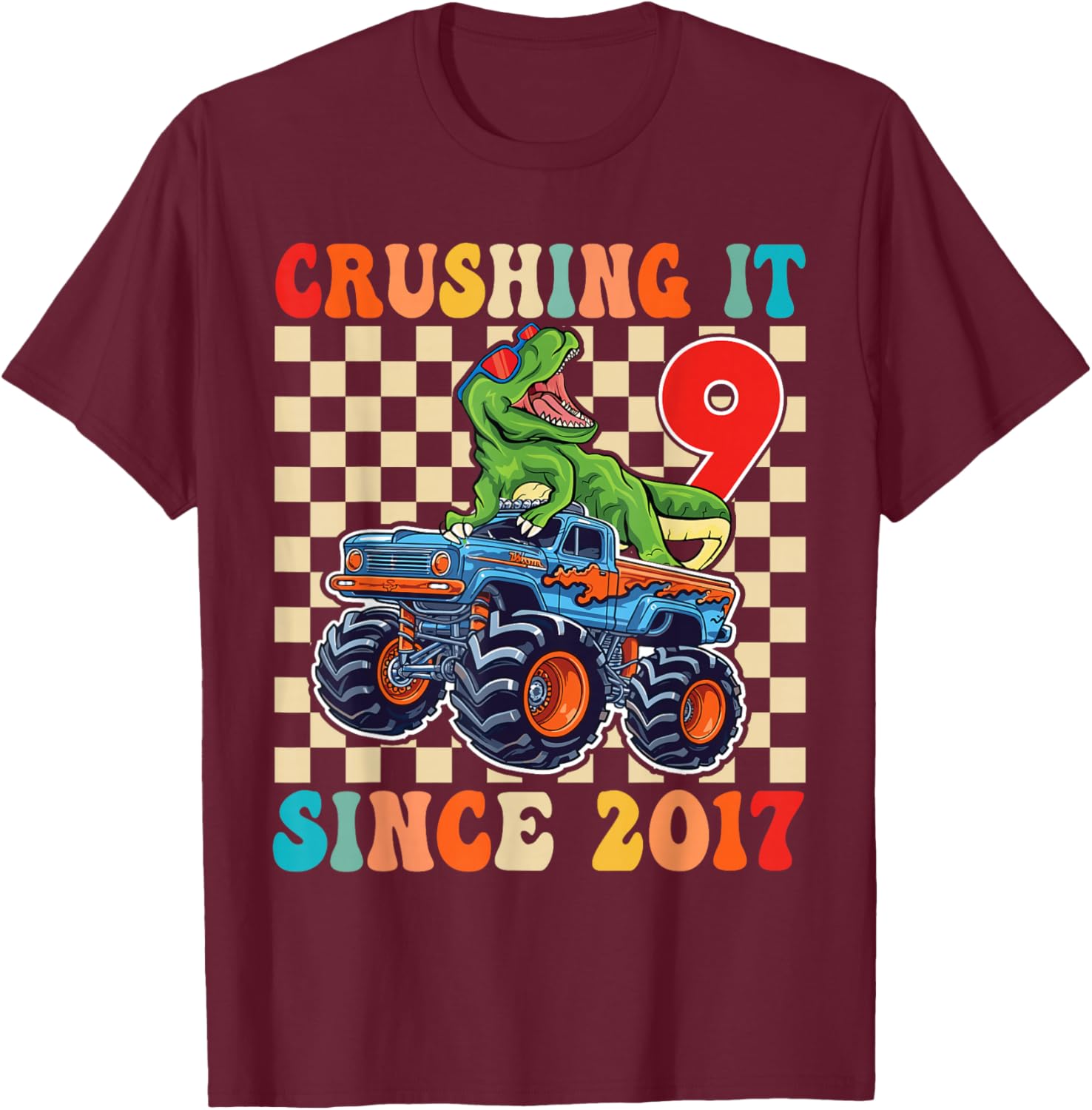Birthday Monster Truck 9 Year Old Boys 9th Party Born 2017 T-Shirt - T-Shirt | Maroon