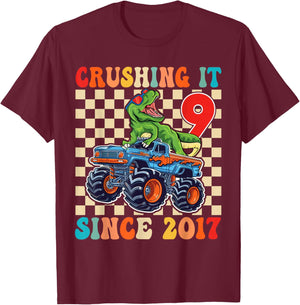 Birthday Monster Truck 9 Year Old Boys 9th Party Born 2017 T-Shirt - T-Shirt | Maroon