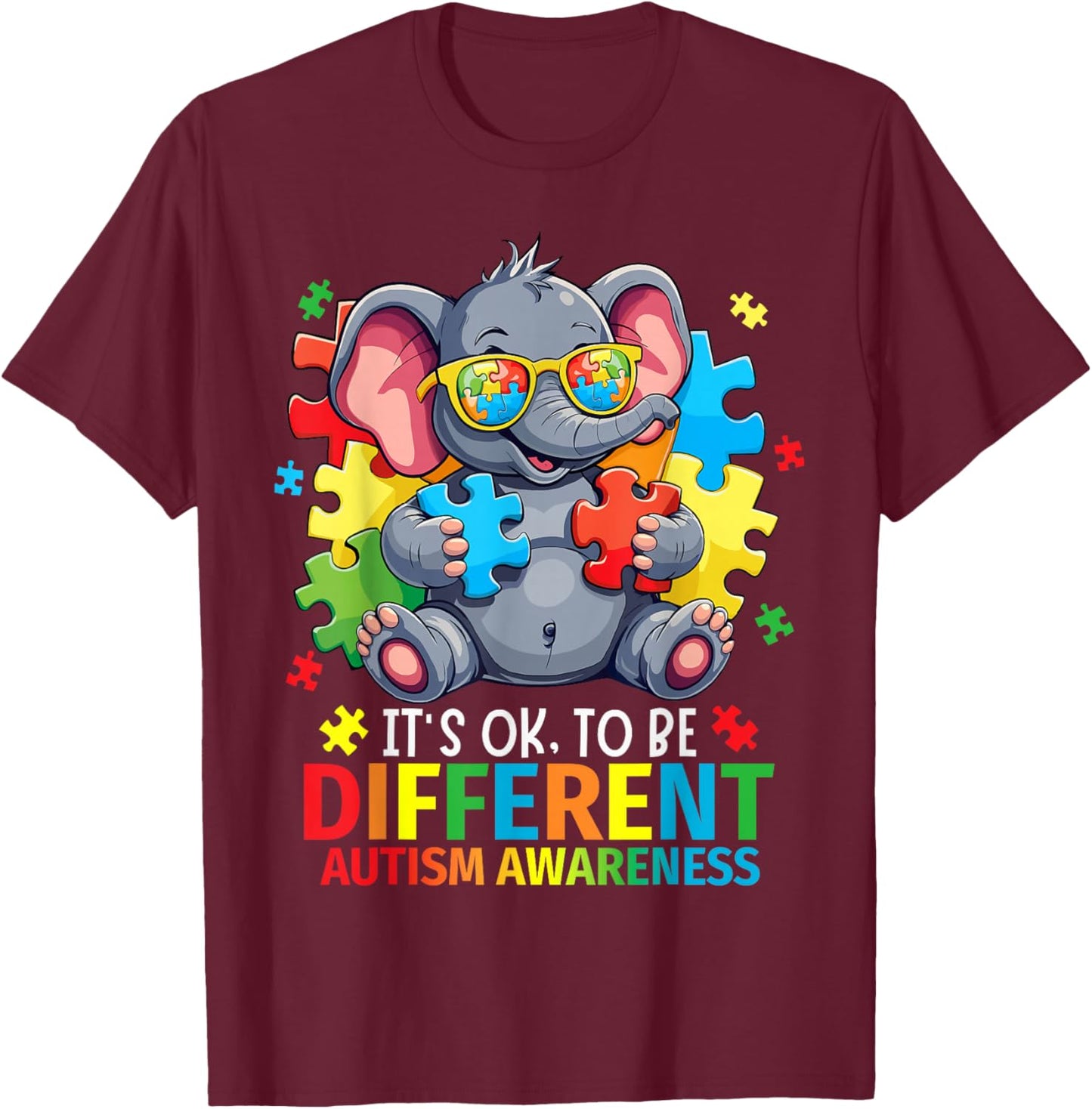 It's Okay To Be Different Autism Awareness Cute Elephant T-Shirt - T-Shirt | Maroon