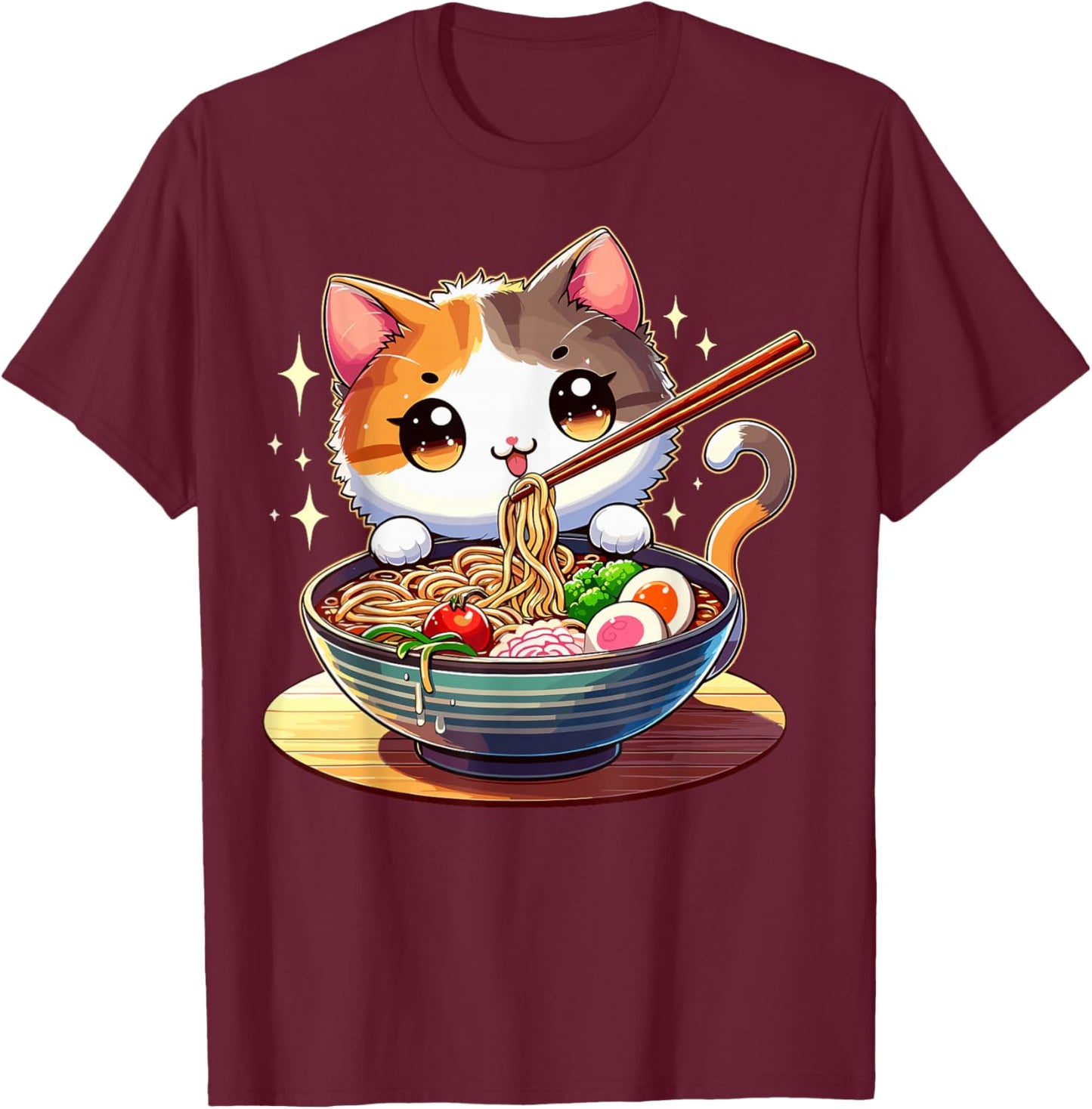 Cat Ramen Noodles Anime Kawaii Japanese Cat T-Shirt - T-Shirt | Maroon