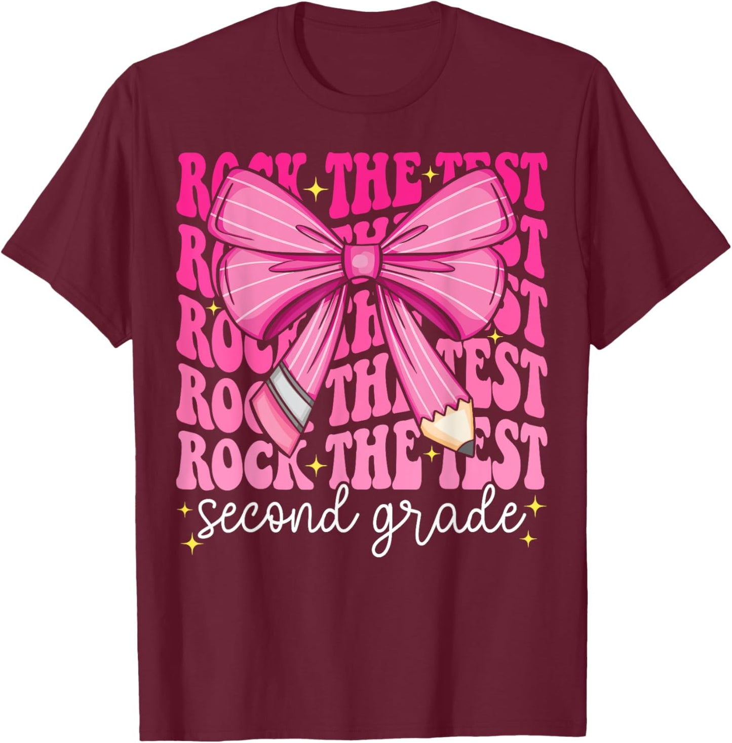 Rock The Test Day 2nd Grade Teacher Second Grade Testing Day T-Shirt - T-Shirt | Maroon