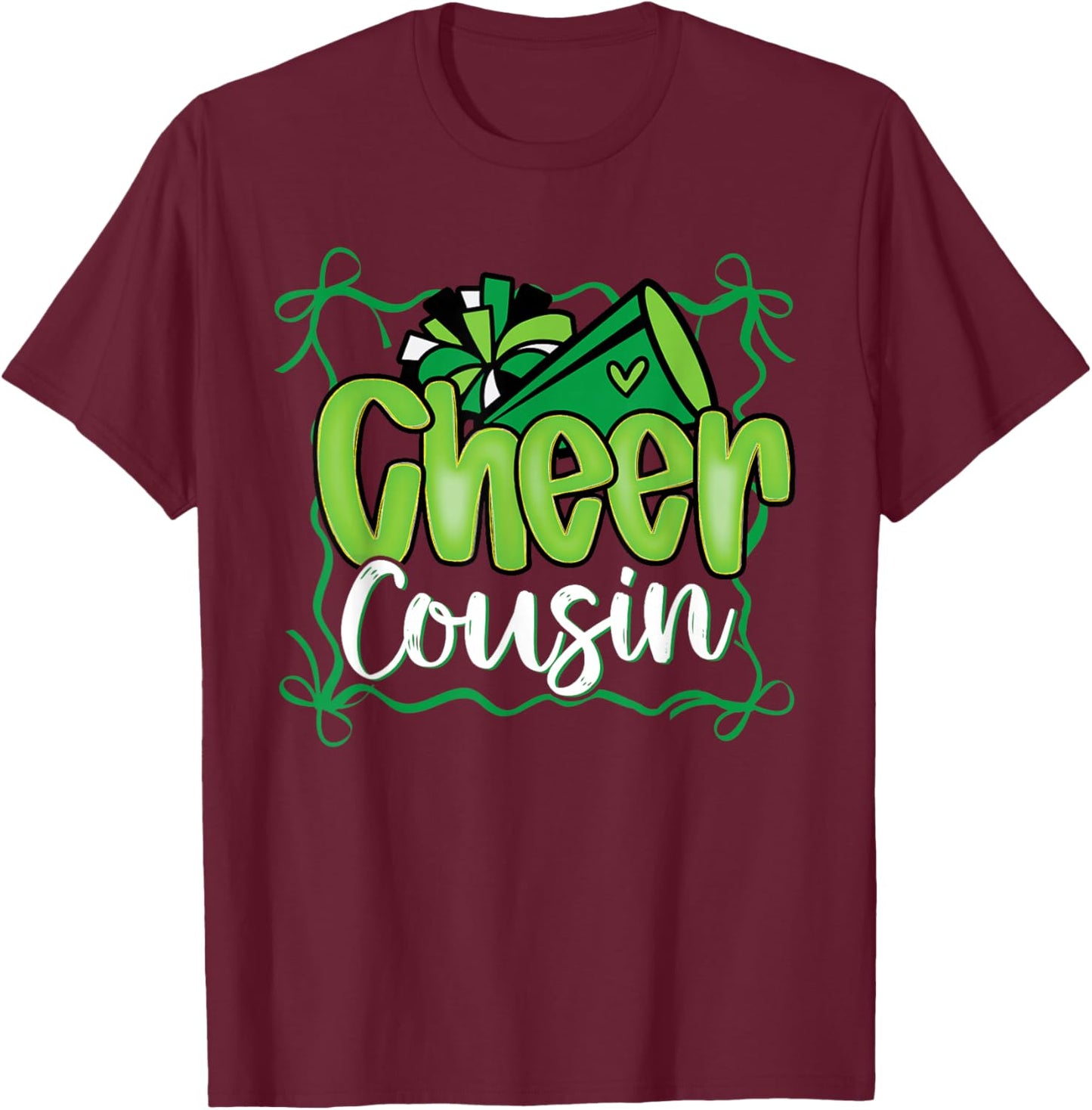 Green Coquette Pom Poms Bow Cheer Cousin Cheerleader Girl T-Shirt - T-Shirt | Maroon