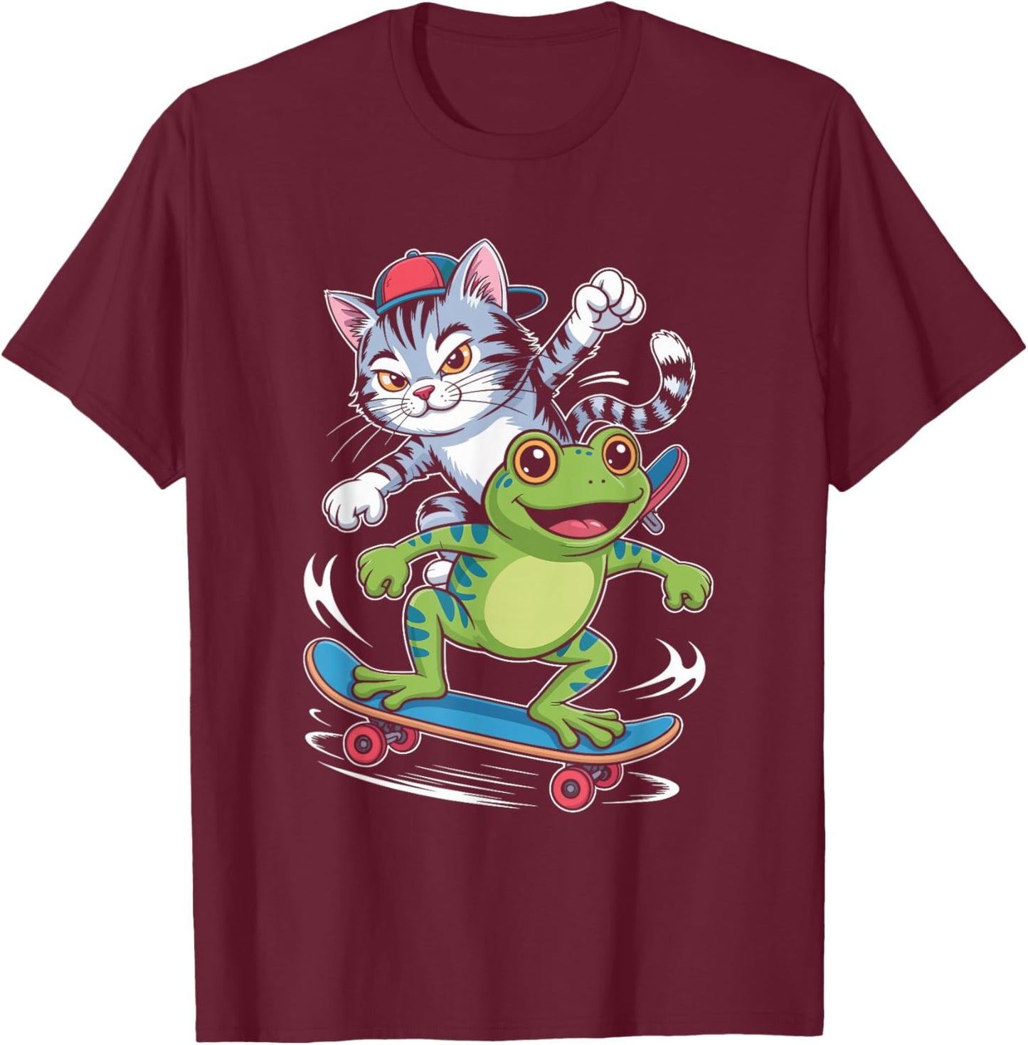 Skateboarding Cat with Frog Sidekick Line Art T-Shirt - T-Shirt | Maroon