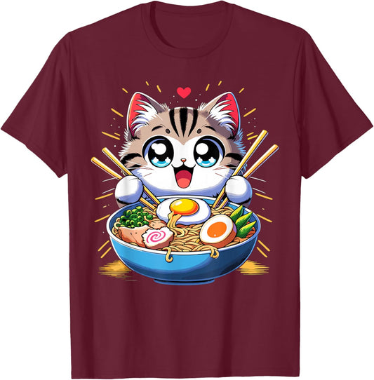 Kawaii Cat Japanese Anime Manga Cat Ramen T-Shirt - T-Shirt | Maroon
