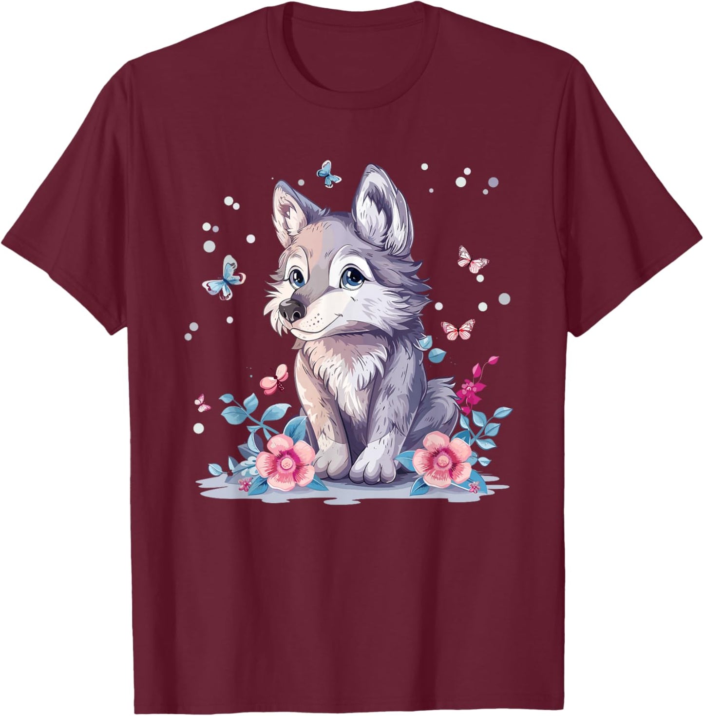 Cute Wolf With Flowers I Kids Wolf T-Shirt - T-Shirt | Maroon