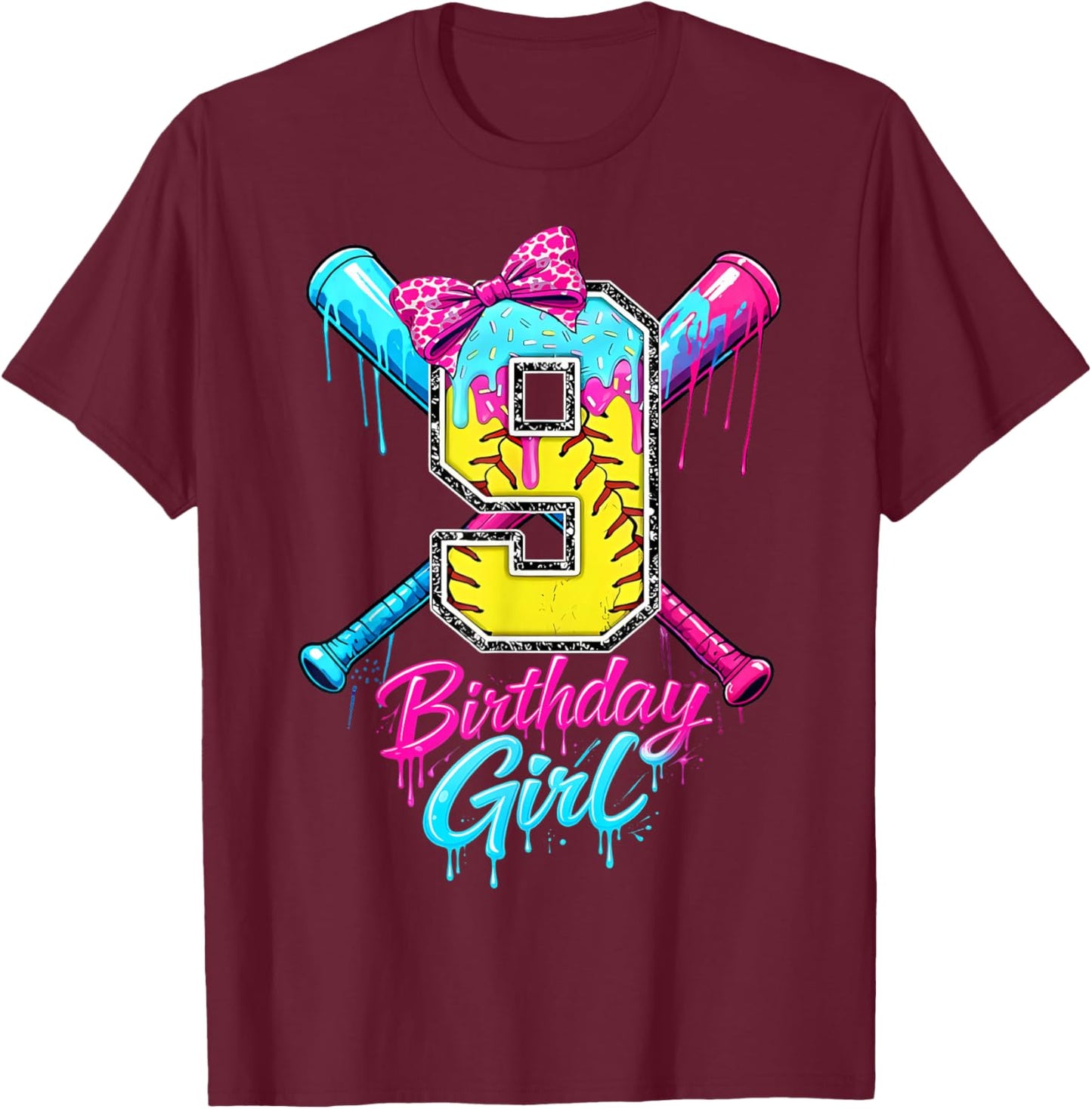 Kids 9th Birthday Girl Softball Ice Cream Drip Coquette Bow T-Shirt - T-Shirt | Maroon