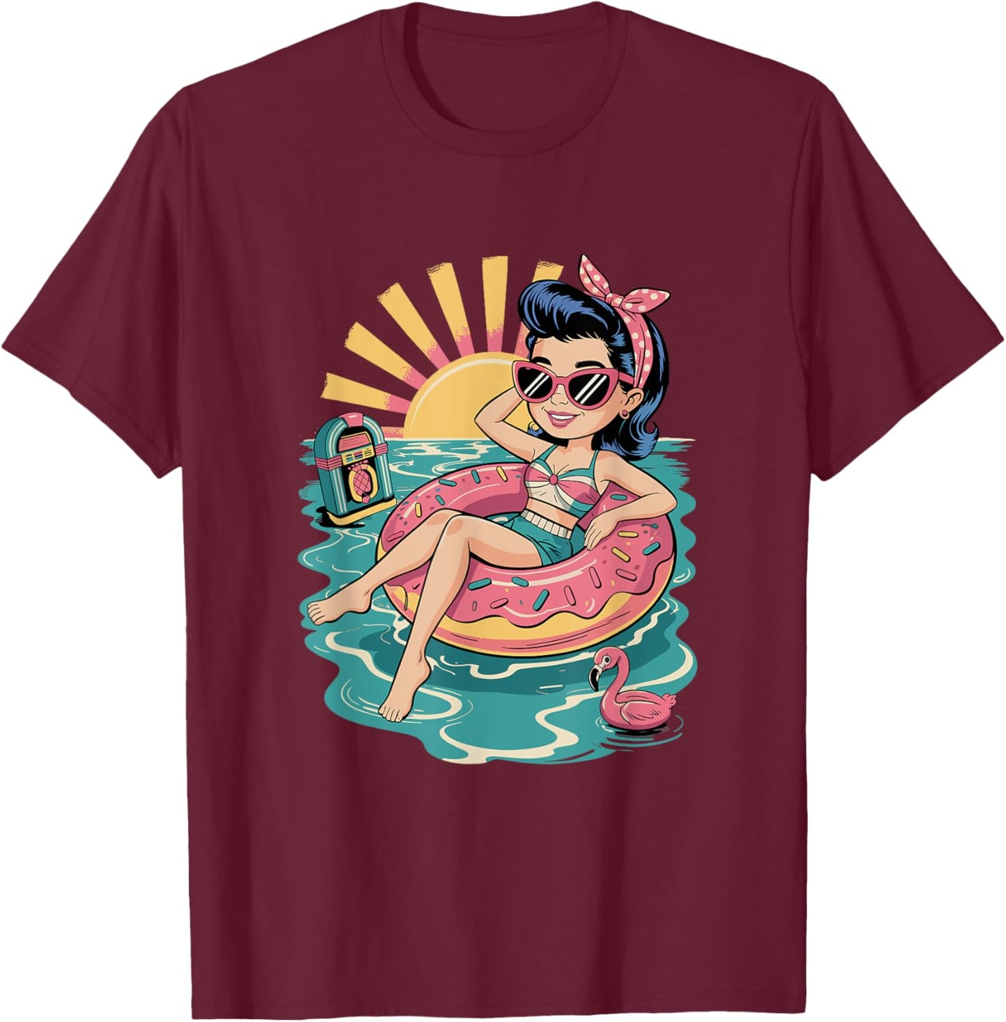 Funny Beach Summer Retro Rockabilly Pin Up Girl T-Shirt - T-Shirt | Maroon