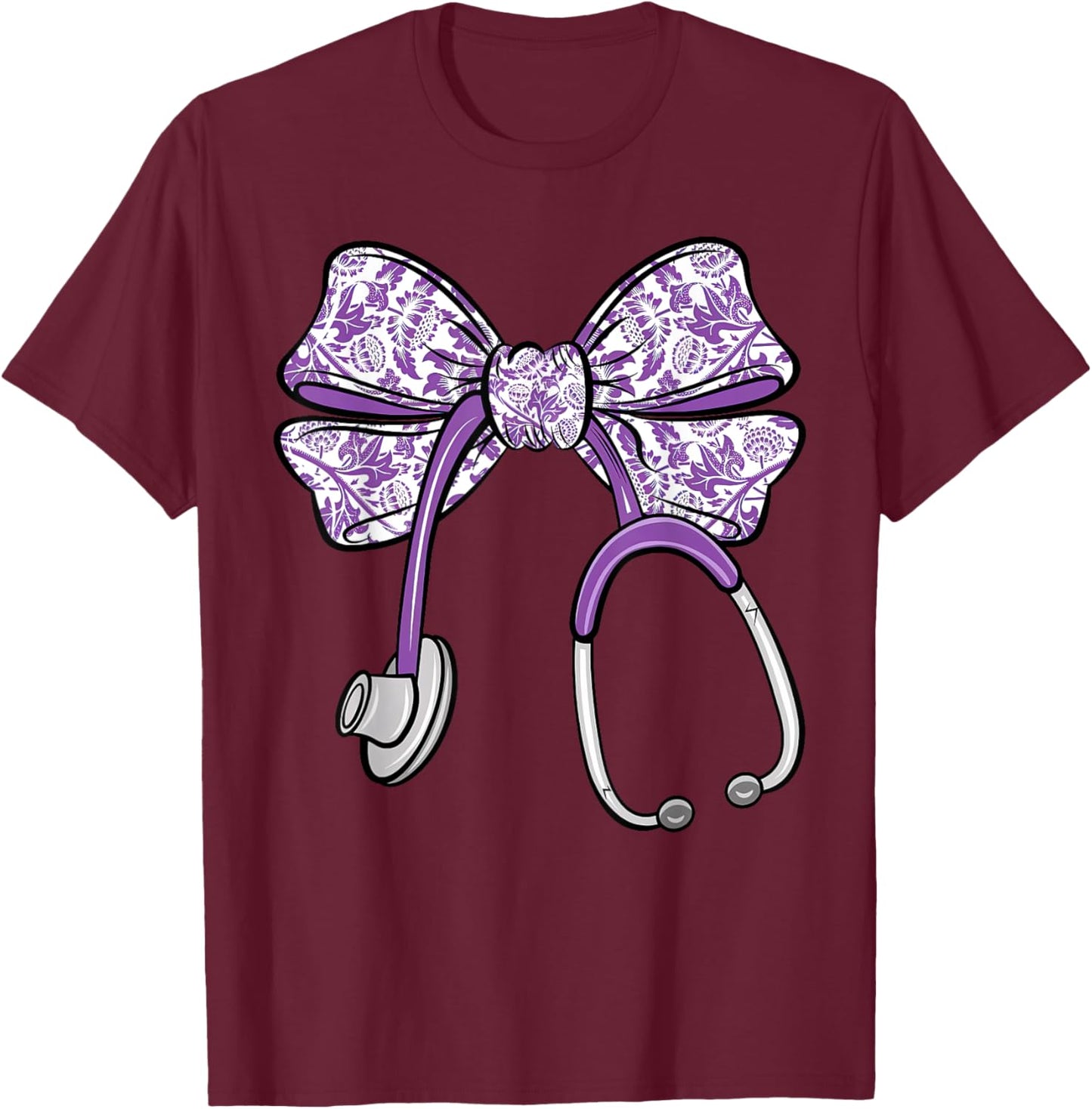 Cute Floral Coquette Purple Nurse Bow Ribbon Stethoscope RN T-Shirt - T-Shirt | Maroon