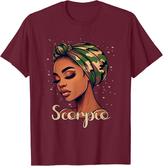 Scorpio Black Woman With Camo Scarf Birthday T-Shirt - T-Shirt | Maroon