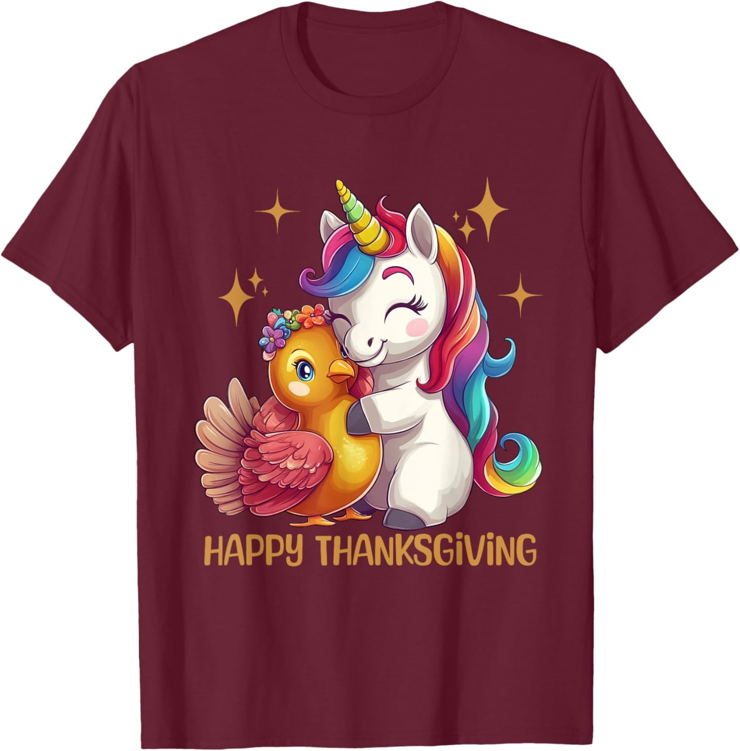 Happy Thanksgiving Shirt Girls Fall Unicorn Hugging Turkey T-Shirt - T-Shirt | Maroon