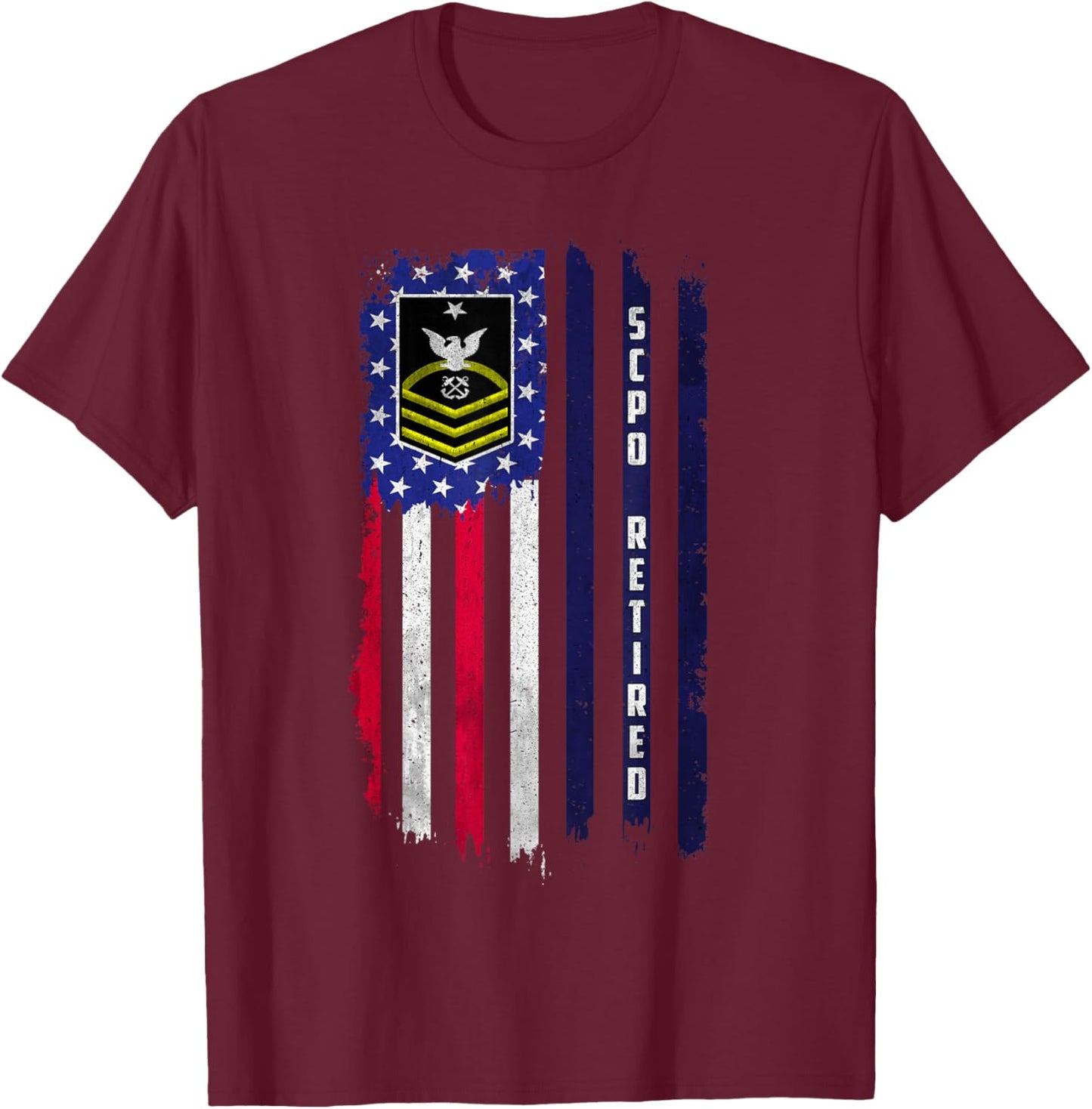 Retired E-8 Senior Chief Petty Officer Rank American Flag T-Shirt - T-Shirt | Maroon
