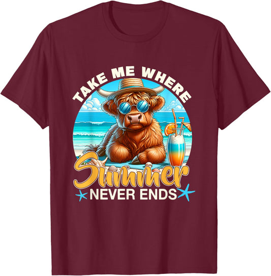 Take Me Where Summer Never-Ends Highland Cow Beach Trip T-Shirt - T-Shirt | Maroon