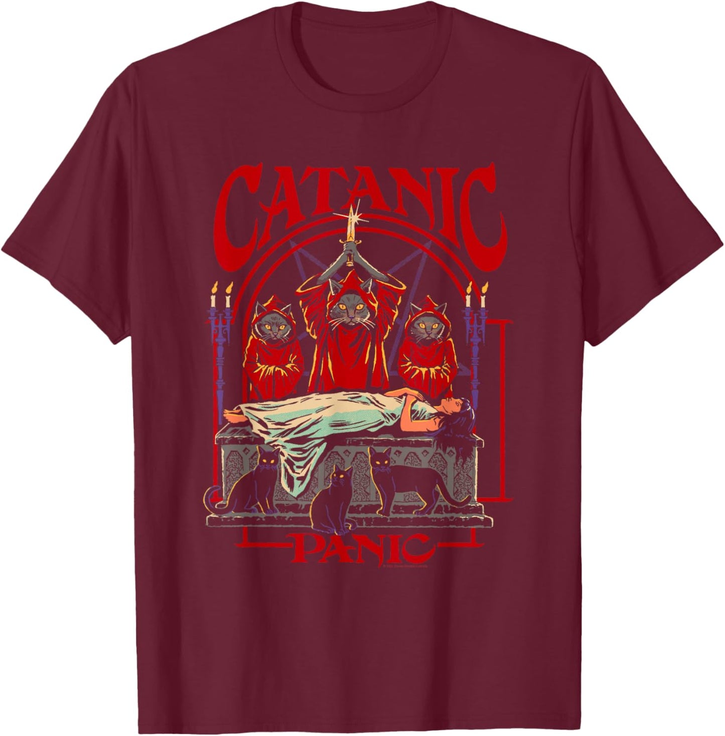 Steven Rhodes Catanic Panic Black Cats Retro Dark Humor T-Shirt - T-Shirt | Maroon