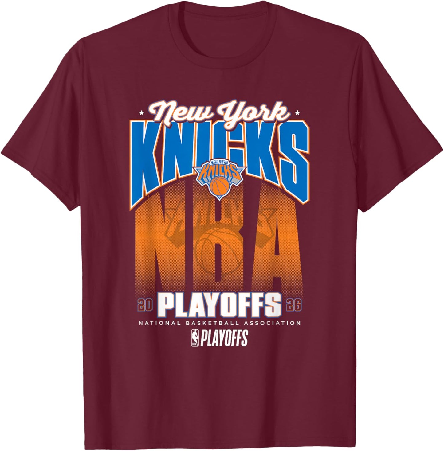 NBA Official 2026 Playoffs New York Knicks Fade T-Shirt - T-Shirt | Maroon