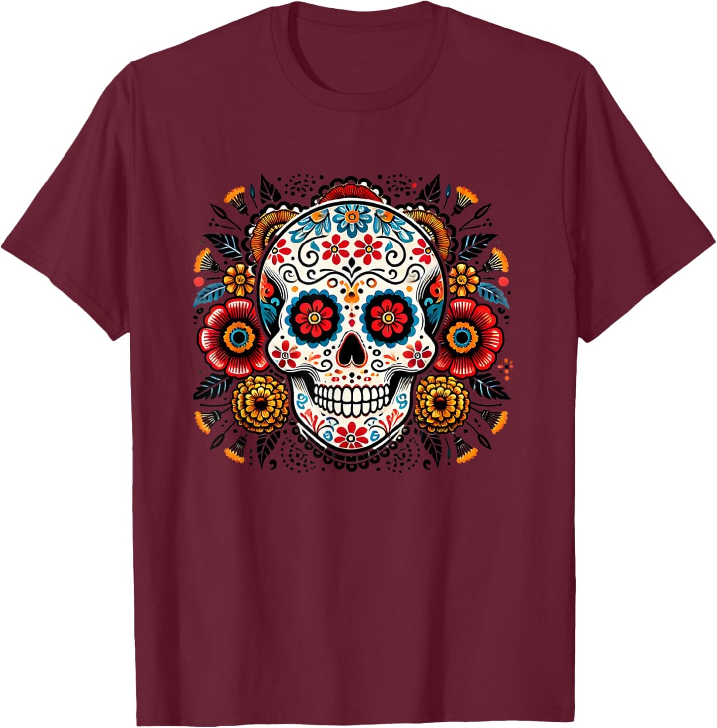 Sugar Skull Floral Art Men Women T-Shirt - T-Shirt | Maroon