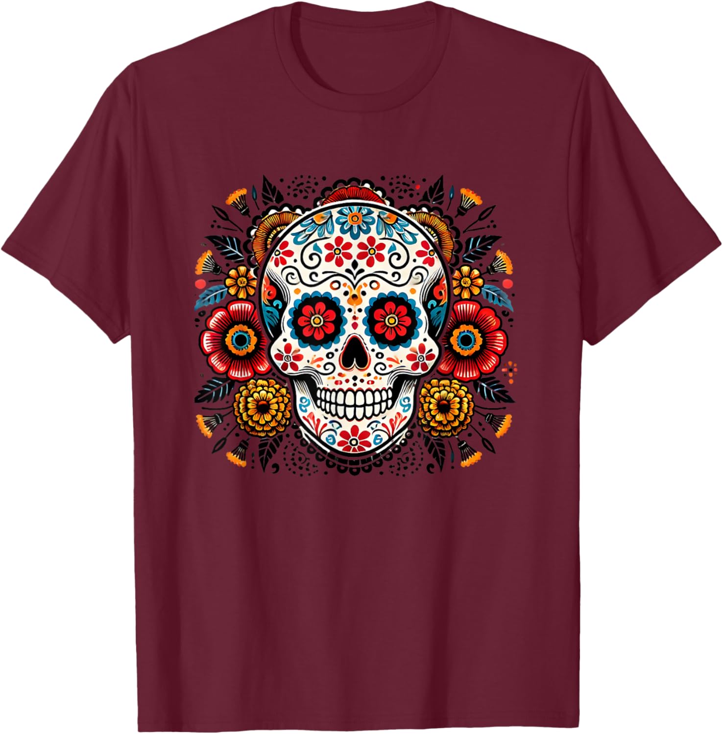 Sugar Skull Floral Art Men Women T-Shirt - T-Shirt | Maroon
