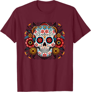 Sugar Skull Floral Art Men Women T-Shirt - T-Shirt | Maroon