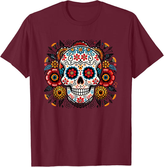 Sugar Skull Floral Art Men Women T-Shirt - T-Shirt | Maroon