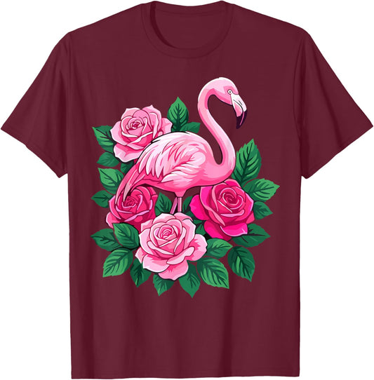 Flamingo with Roses Floral T-Shirt - T-Shirt | Maroon