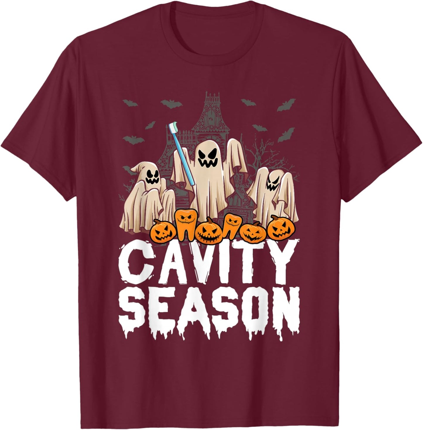 Cavity Season Halloween Funny Dental Ghosts And Toothbrush T-Shirt - T-Shirt | Maroon
