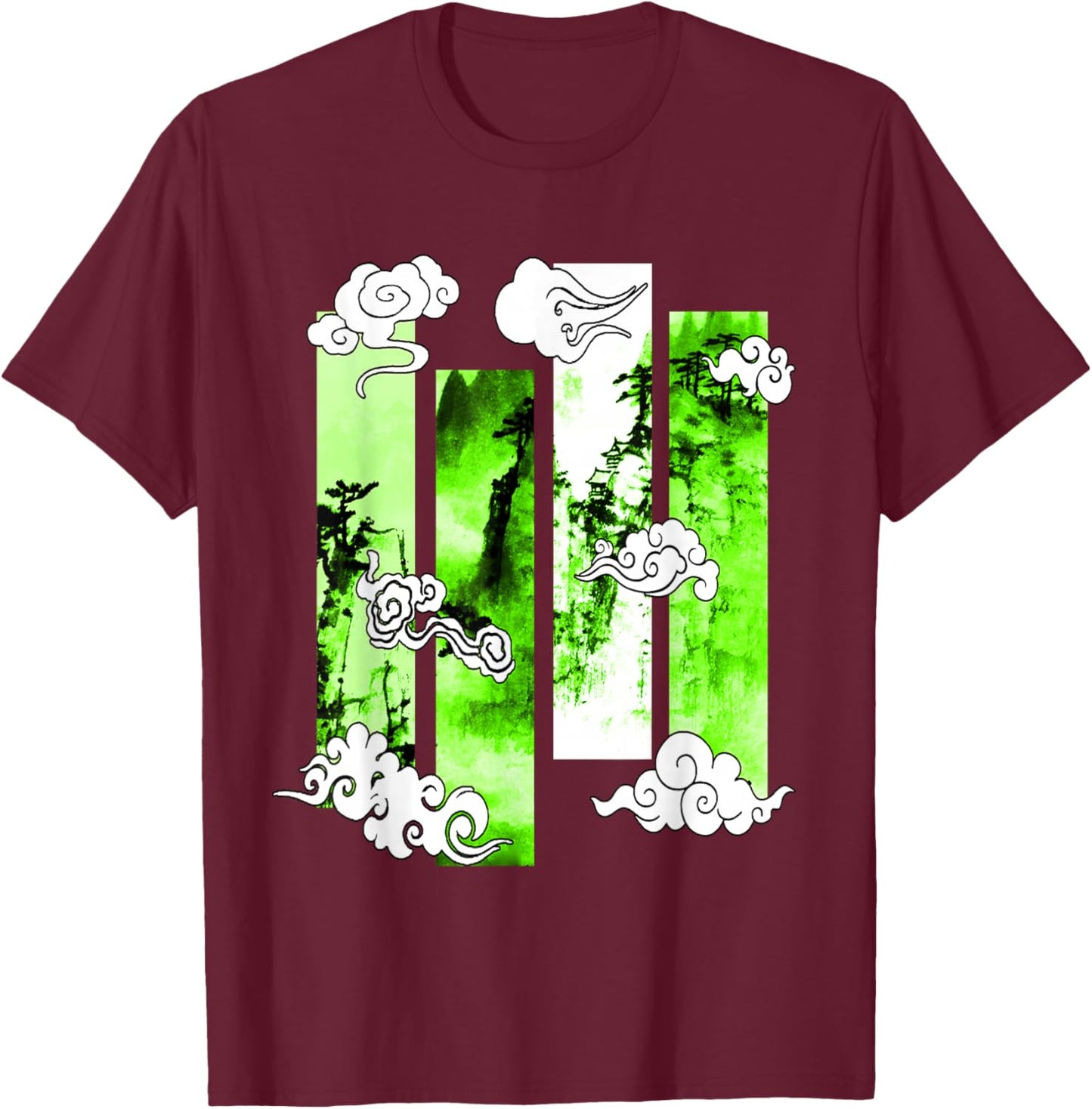 Green Japanese Cliffs Scene Green Graphic T-Shirt - T-Shirt | Maroon