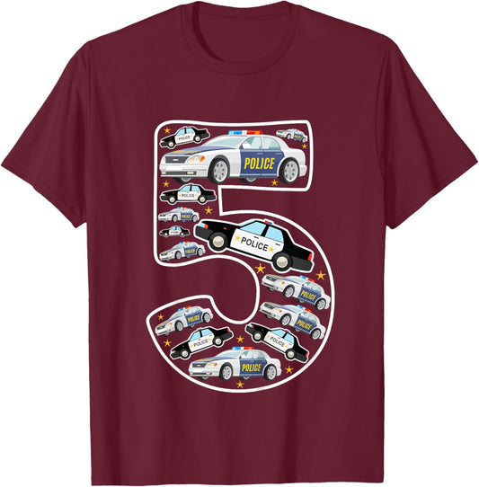 Kids 5 Year Old Police Cars 5th Birthday Policeman Boy Toddler 5 T-Shirt - T-Shirt | Maroon