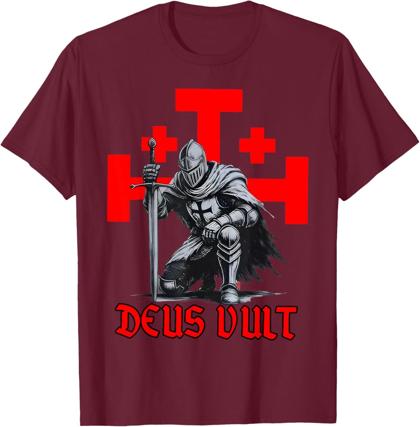 Templar Knight Crusader Deus Vult Cross Medieval Faith T-Shirt - T-Shirt | Maroon