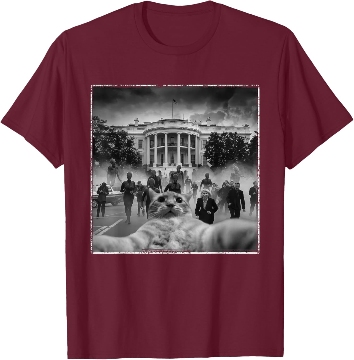Funny Cat Selfie Men Women UFO Conspiracy Theorist T-Shirt - T-Shirt | Maroon