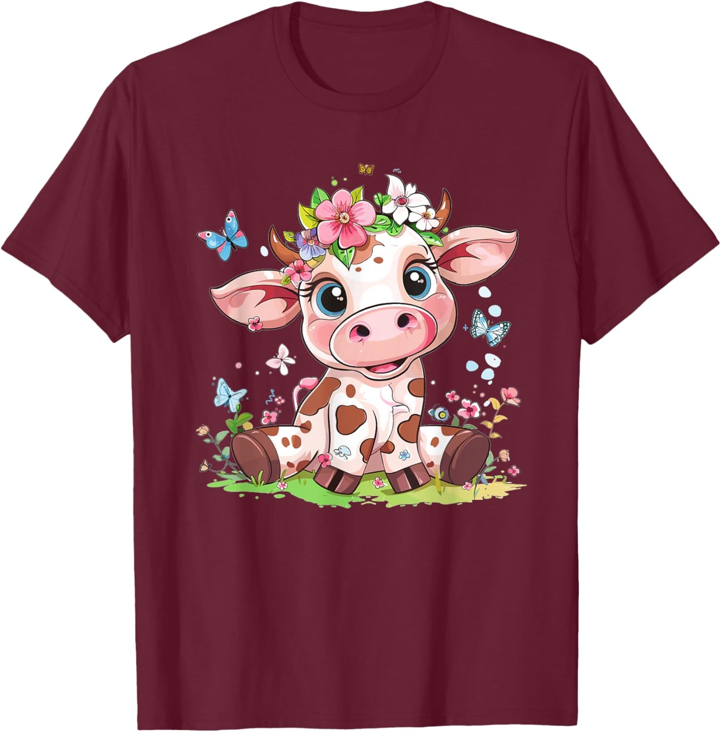 Cute Cow with Flowers I Kids Cow T-Shirt - T-Shirt | Maroon