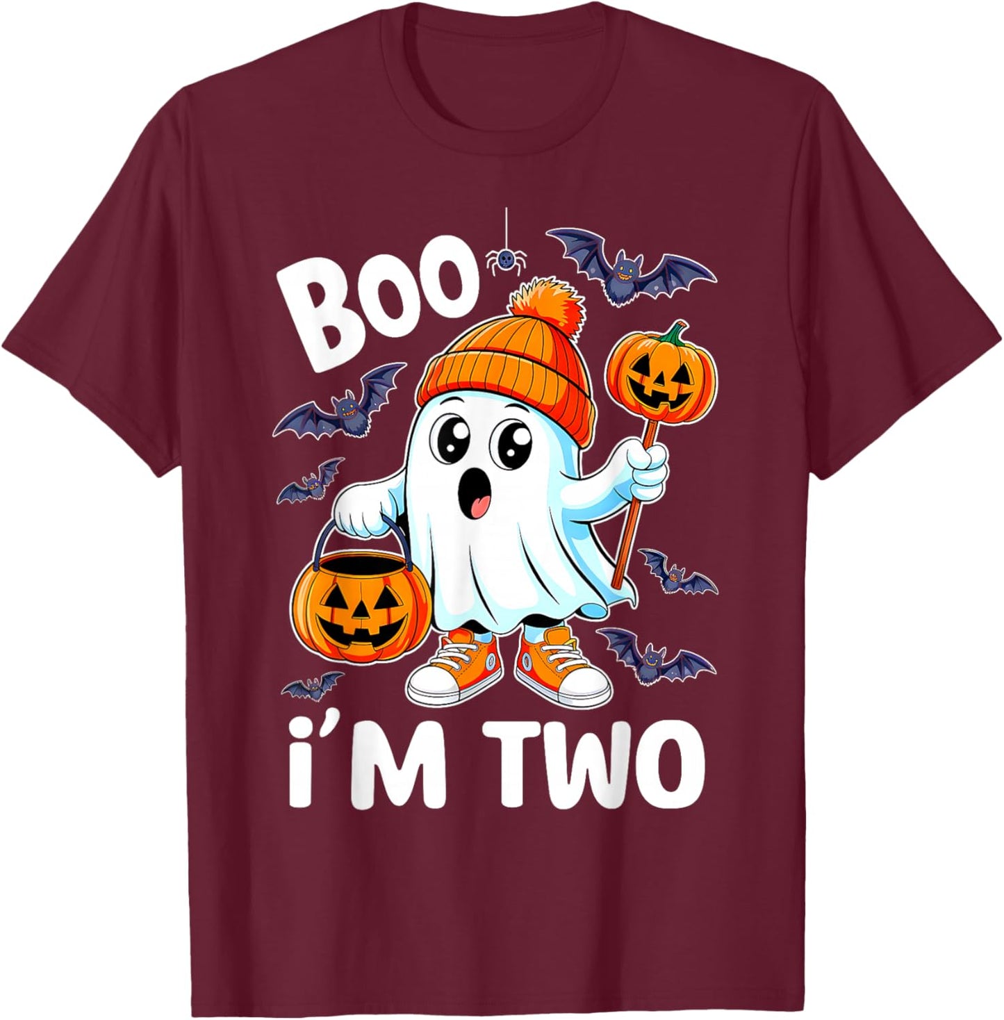 Boo I'm Two Ghost 2nd Birthday Halloween Boy Kids Groovy T-Shirt - T-Shirt | Maroon