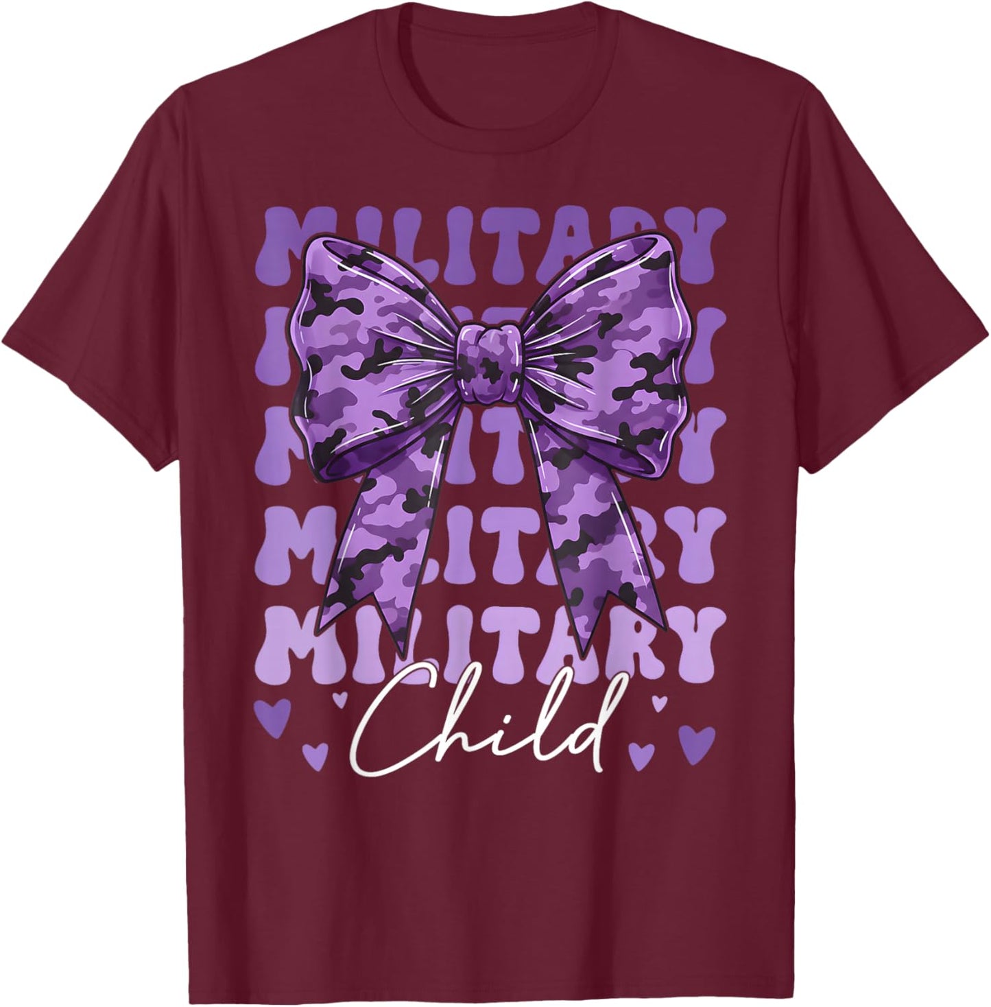 Purple Up for Military Kids Girl Coquette Bow Military Child T-Shirt - T-Shirt | Maroon
