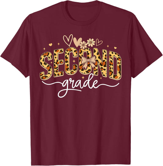 Leopard Second Grade Bow Floral Back to School Teachers Kids T-Shirt - T-Shirt | Maroon