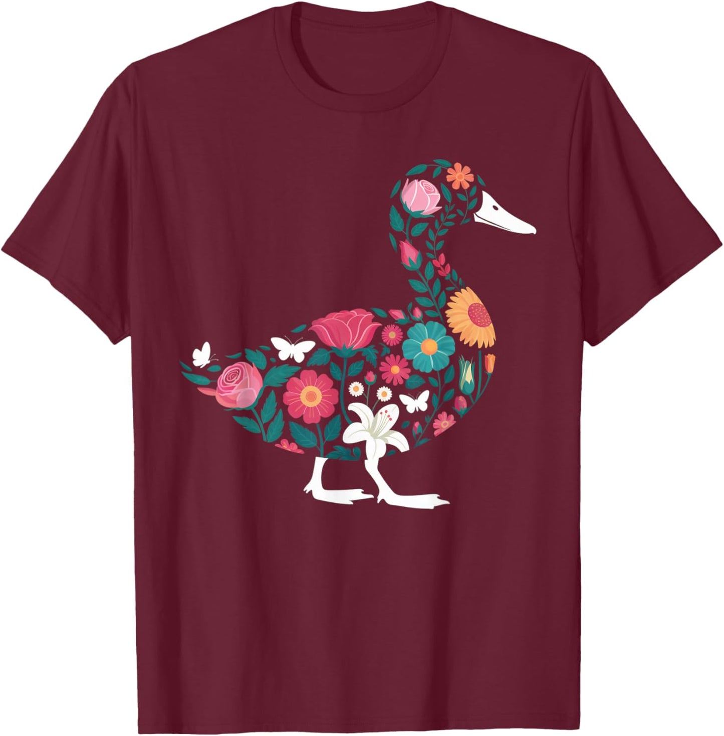 Colorful Flowers Duck Stuff Cute Duck Jersey Floral Duck T-Shirt - T-Shirt | Maroon