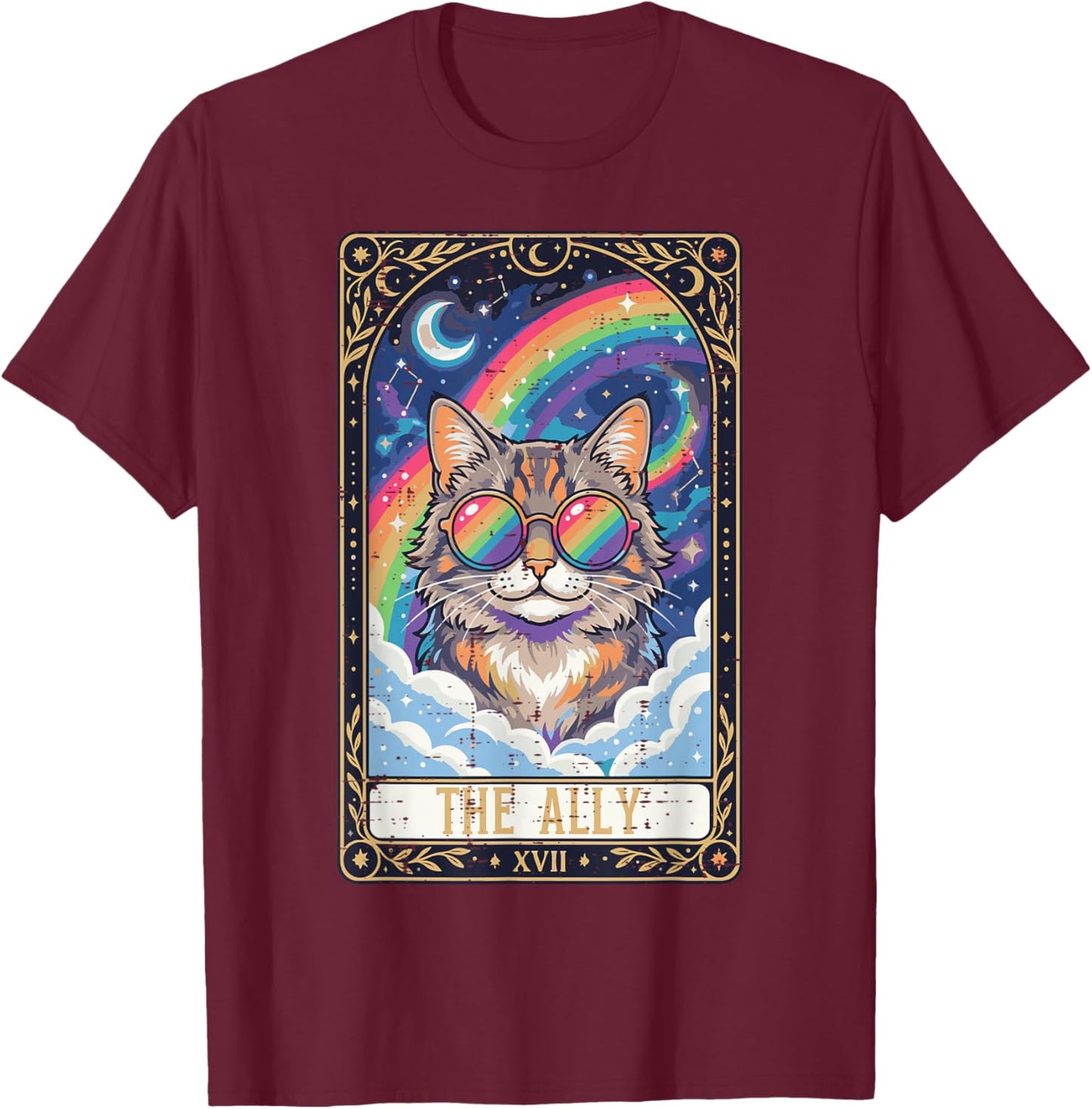 Ally Cat Sunglasses Rainbow Tarot Gay Pride LGBTQ Women Men T-Shirt - T-Shirt | Maroon