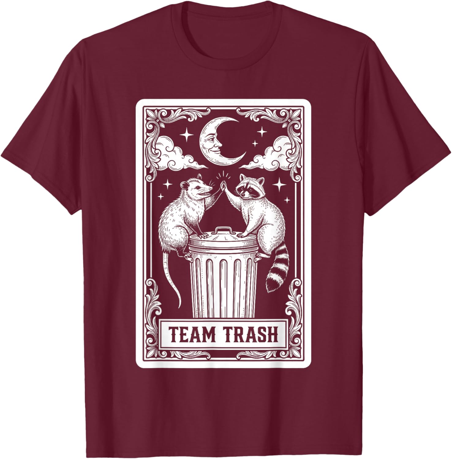 Tarot Card Vintage Team Trash Crescent Moon Opossum Raccoon T-Shirt - T-Shirt | Maroon