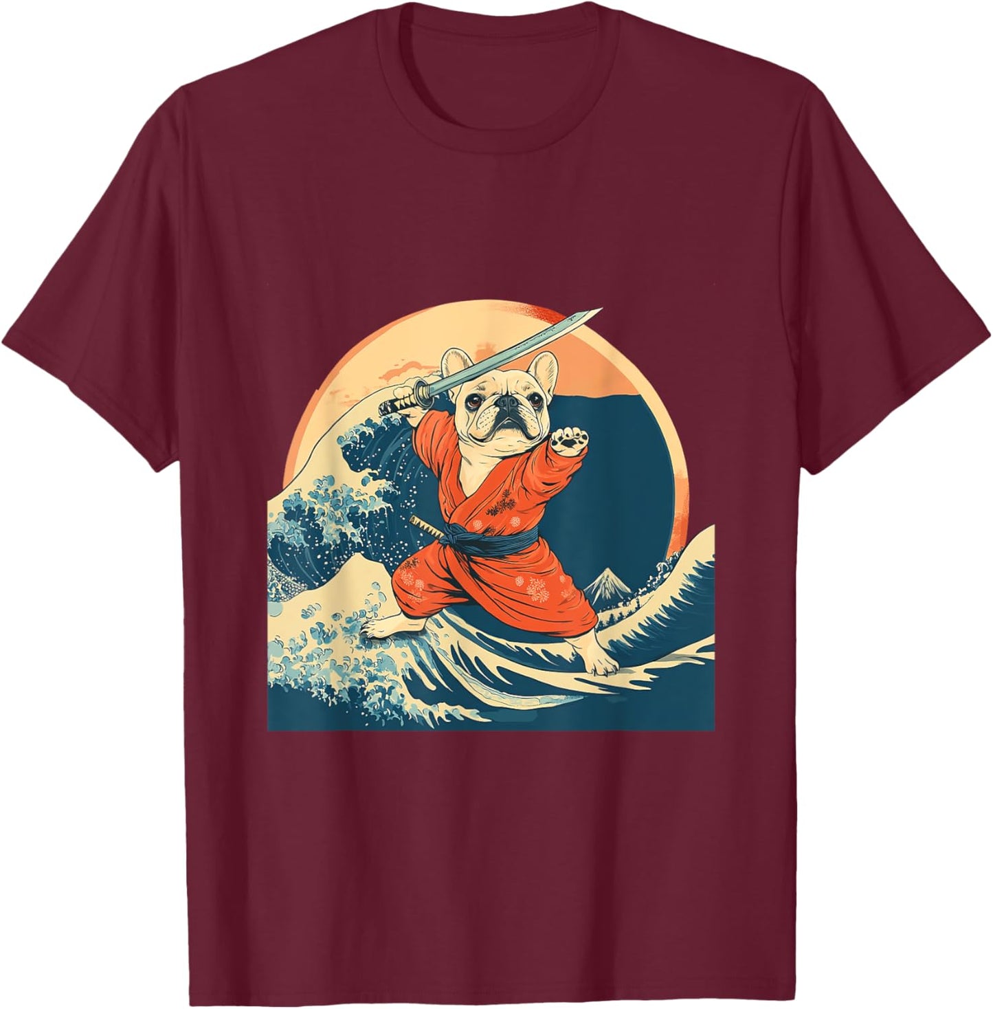 Tan French Bulldog Samurai Warrior Vintage Japanese Art Men Women Kids T-Shirt - T-Shirt | Maroon