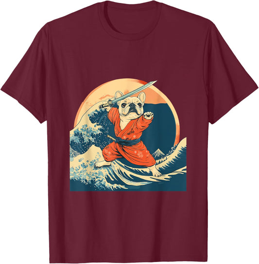 Tan French Bulldog Samurai Warrior Vintage Japanese Art Men Women Kids T-Shirt - T-Shirt | Maroon