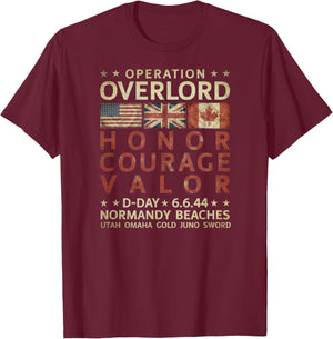 Operation Overlord Honor Courage Valor D-Day 6.6.44 Aged T-Shirt - T-Shirt | Maroon